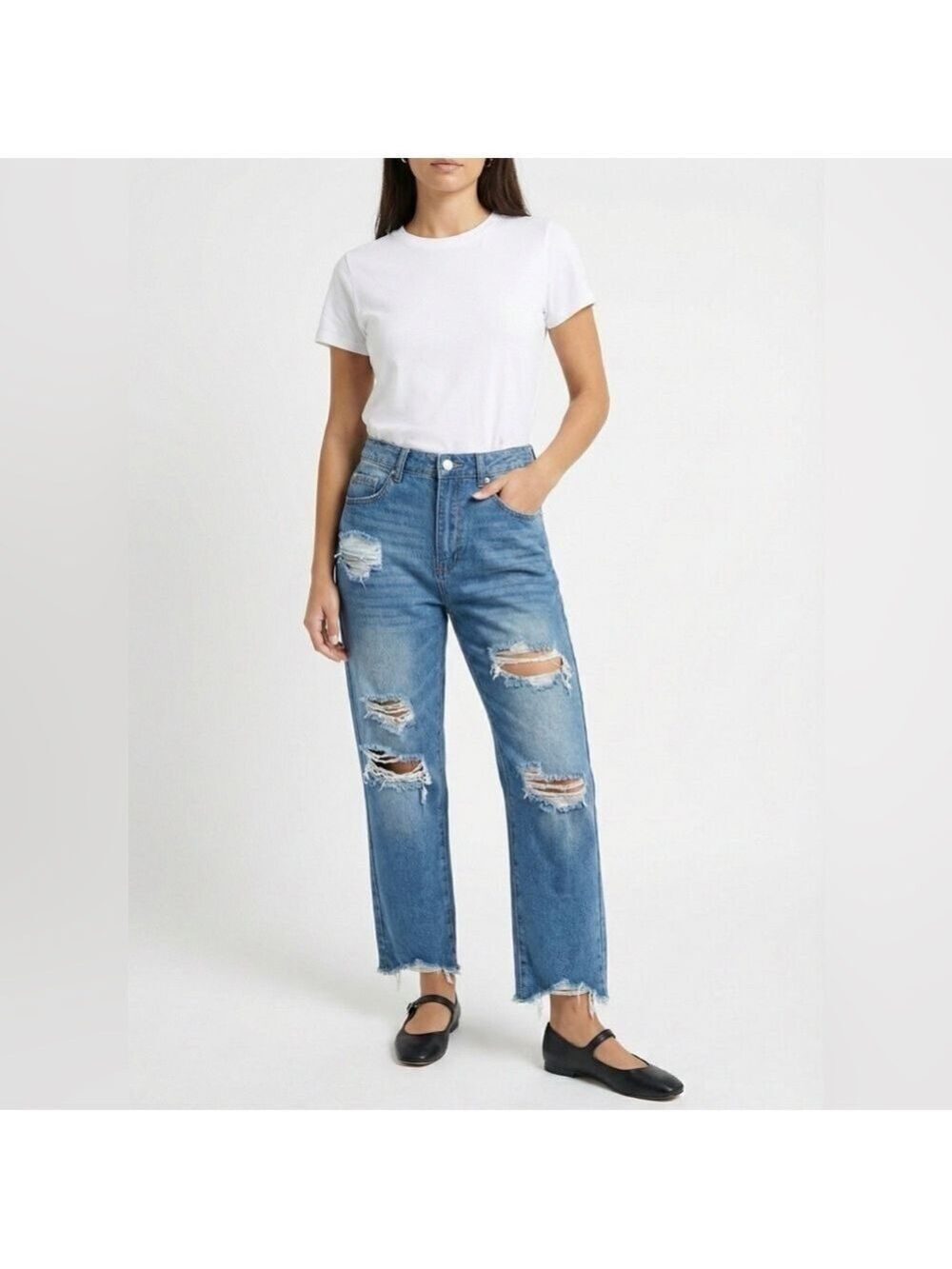 INDIGO REIN Ankle Grazer Distressed Straight Leg High Rise Jeans Sz 27
